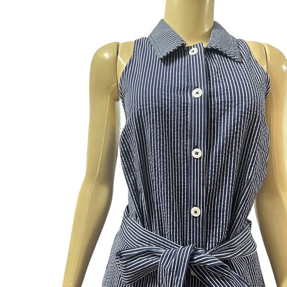 Anthropologie Maeve Size 10 Jumpsuit Wide Leg Blue Collared Striped Modern Chic - Picture 6 of 15